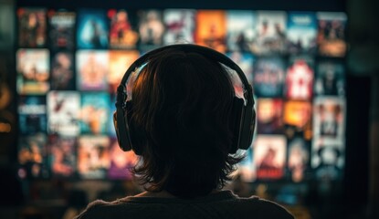 A person wearing headphones is silhouetted against a wall of screens displaying various colorful images.