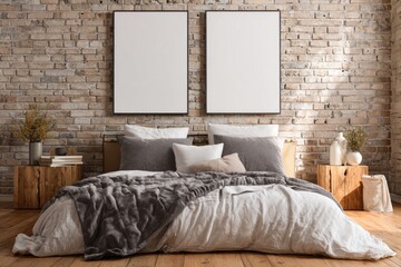 Cozy bedroom with brick wall and two blank picture frames.
