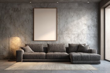 Spacious modern living room with dark sofa and blank frame.