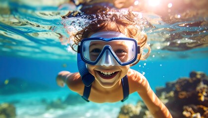 Naklejka premium Joyful Child Snorkeling Underwater Adventure
