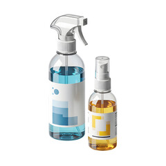 Two clear plastic bottles with spray triggers and pump dispenser containing blue and yellow liquids for cleaning and cosmetics