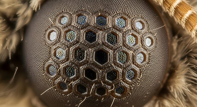 Extreme macro of a moth's compound eye showing hexagonal ommatidia and intricate details.