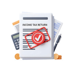 Successful income tax return filing concept with calculator coins and pen symbol