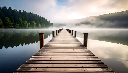 Fototapeta premium Wooden Pier Extends into Misty Lake at Sunrise with Forest Background Serene Scenery.