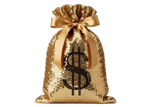 Golden sequined money bag with dollar sign isolated on transparent background - Powered by Adobe