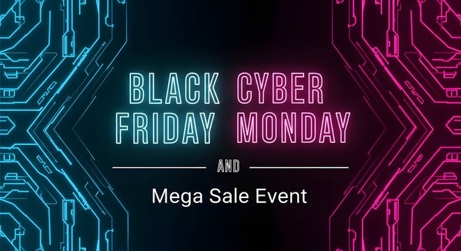 Black cyber friday monday mega sale event with neon glowing circuit board pattern background