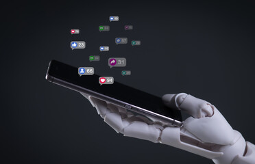 Robot Hand Holding Smartphone with Social Media Notification Icons: AI and Digital Connectivity