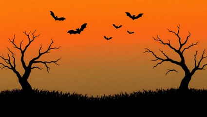 Fototapeta premium Spooky halloween scene with silhouetted trees and flying bats against an orange gradient sky