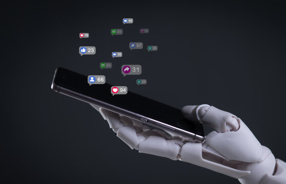 Robot Hand Holding Smartphone with Social Media Notification Icons: AI and Digital Connectivity