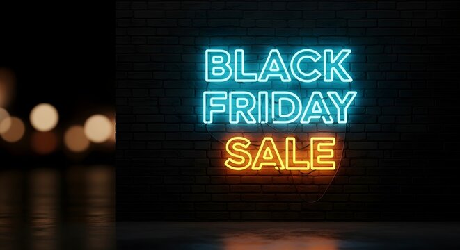 Black friday sale neon sign glowing in blue and orange against a dark brick wall with blurred bokeh lights in the background, representing retail discounts and shopping events