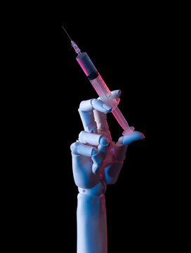 Dramatic Robotic Hand Holding Syringe with Red and Blue Neon Light