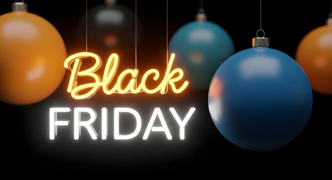 Black friday neon sign with hanging christmas ornaments, representing holiday shopping and sales events - Powered by Adobe