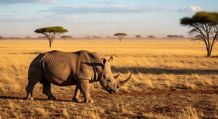 Majestic White Rhinoceros Roaming African Savanna at Sunset.