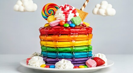 Playful Stack of Rainbow Colored Pancakes with Whimsical Toppings and Syrups