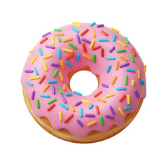 Delicious pink frosted donut with colorful sprinkles close up studio shot