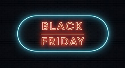 Neon sign with the text black friday glowing in red and blue against a dark brick wall, perfect for advertising sales and promotions