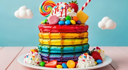 Whimsical Rainbow Pancake Tower with Sweet Syrups and Creative Dessert Presentation
