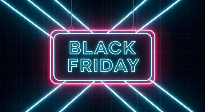 Black friday neon sign with glowing blue and pink lights on a dark grid background, representing shopping and sales events