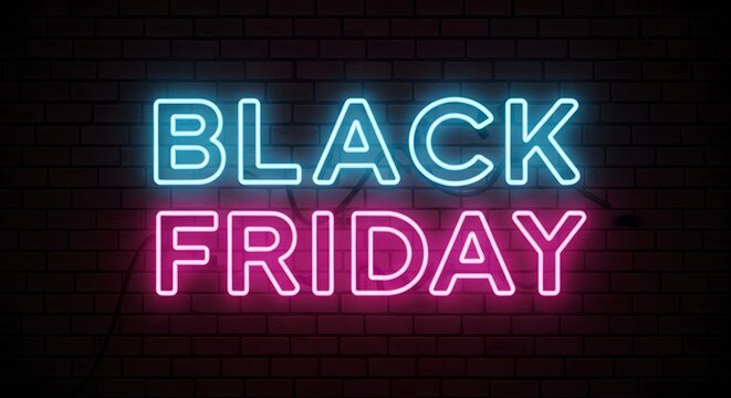 Black friday neon sign glowing on a dark brick wall, representing shopping and sales events