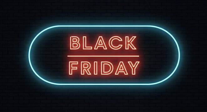 Neon sign with the text black friday glowing in red and blue against a dark brick wall, perfect for advertising sales and promotions