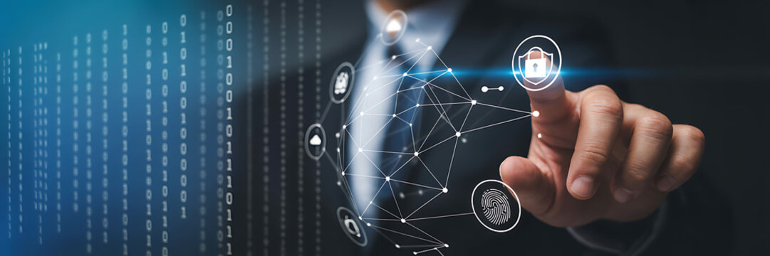 Businessman touching a holographic interface with icons for smart home and technology - Powered by Adobe