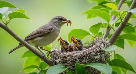 Parent bird feeding hungry chicks in a nest on a tree branch.