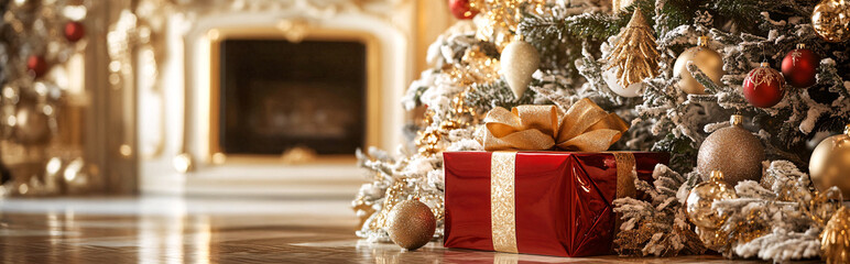 Red gift box under Christmas tree with festive decorations