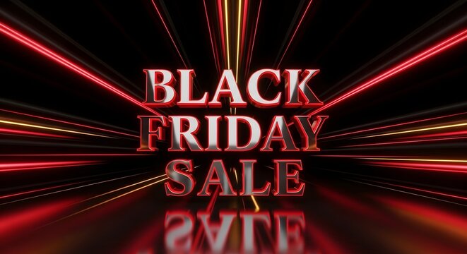 Black friday sale text with glowing red and yellow light streaks effect on a reflective dark surface, representing retail promotion and discounts