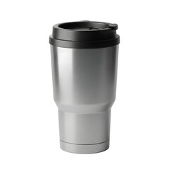Modern stainless steel travel mug with black lid for hot drinks on the go