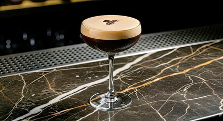 Rich Espresso Martini Overflowing with Foam and Coffee Beans in a Dark Opulent Setting