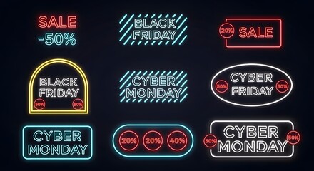 Collection of neon signs for black friday and cyber monday sales, featuring discounts like 50 off, displayed on a dark background