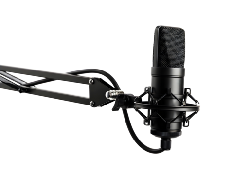 Professional black condenser microphone on a boom arm isolated on transparent background
