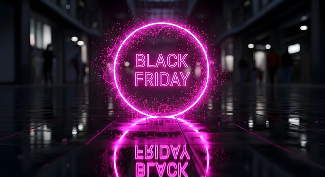 Black friday glowing neon circle with text, reflecting on wet floor in a dark, futuristic tunnel, symbolizing sales and discounts