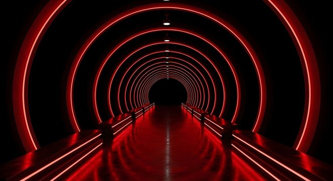A futuristic red neon tunnel with a sense of depth and endlessness, creating a vibrant and energetic atmosphere