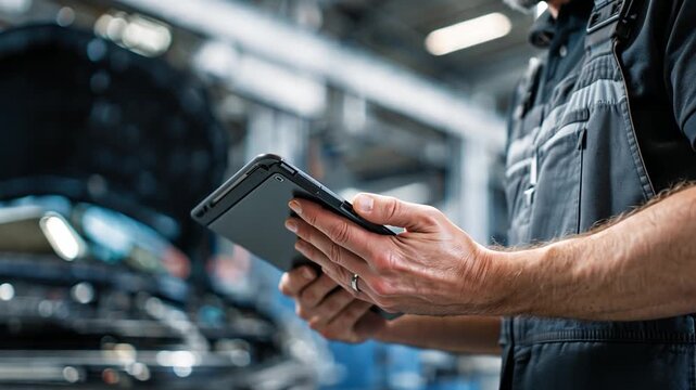 Automotive Technician with Tablet: A dedicated automotive technician meticulously inspects a vehicle's intricate engine with the aid of a digital tablet.