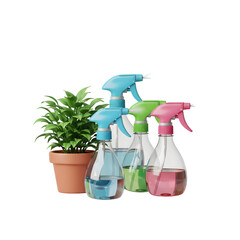 Group of colorful spray bottles for cleaning or plant care alongside a potted green plant