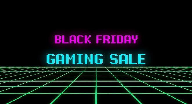 Retro 80s style neon grid with black friday gaming sale text, evoking a vintage arcade or cyberpunk aesthetic for promotional use