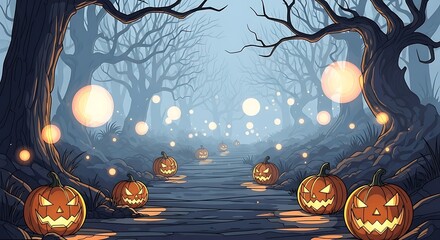 Spooky Halloween Forest Path with Glowing Jack O Lanterns.
