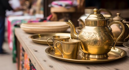 Traditional Golden Tea Set on a Wooden Table.