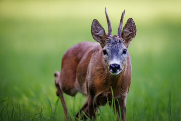Roe deer buck (Capreolus capreolus) standing alert in green meadow, small antlers, detailed fur, natural habitat, wild nature, peaceful wildlife scene, soft light, close-up.