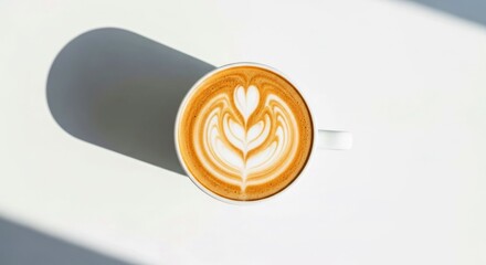 Bright Flat Lay Composition of Hot Coffee with Foam Art for Serene Morning Focus