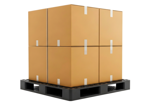 Stack of cardboard boxes on a black pallet isolated on transparent background, cardboard packing boxes