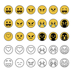Set of colorful and outline emoji faces expressing various emotions.