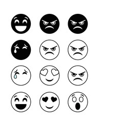 Set of black and white emoticon vector illustrations with various expressions.