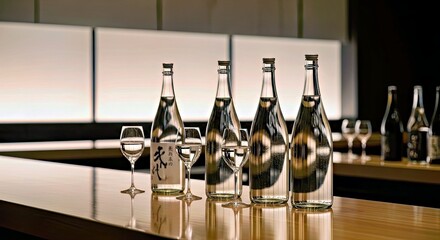 Sleek Sake Bottles and Glasses on a Clean Counter for a Modern Sophisticated Japanese Bar
