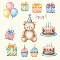 Cute Watercolor Happy Birthday Party Elements Collection Set