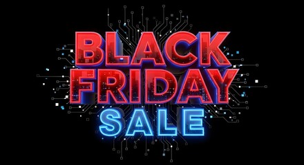 Bold red and blue text that says black friday sale with a dark background and glowing particles