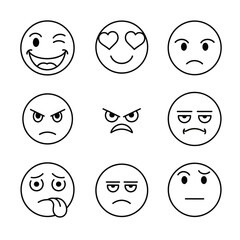 Set of hand drawn emoji faces with different emotions.
