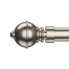 Elegant brushed nickel curtain rod finial with detailed texturing on a dark canvas