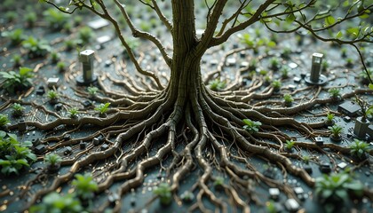 tree roots and sprouts integrated with electronic circuit board digital growth